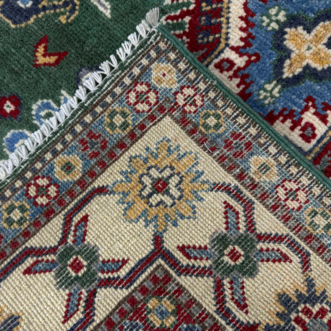 Green Afghan Kazak Rug 3' 3" x 5' 0" Hand-Knotted border