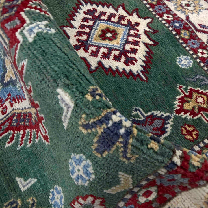Green Afghan Kazak Rug 3' 3" x 5' 0" Hand-Knotted texture