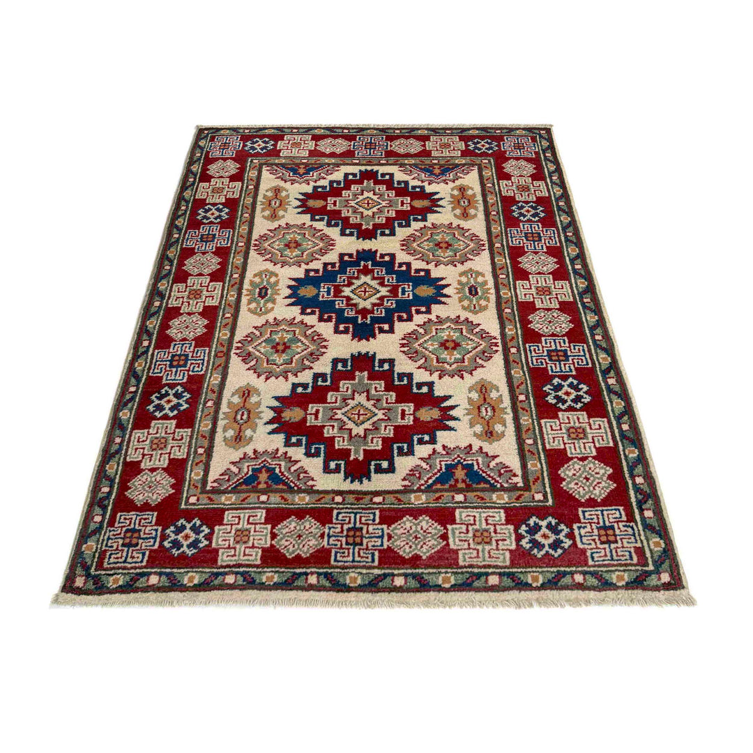 Beige Afghan Kazak Rug 2'7" x 3'10" Hand-Knotted detail