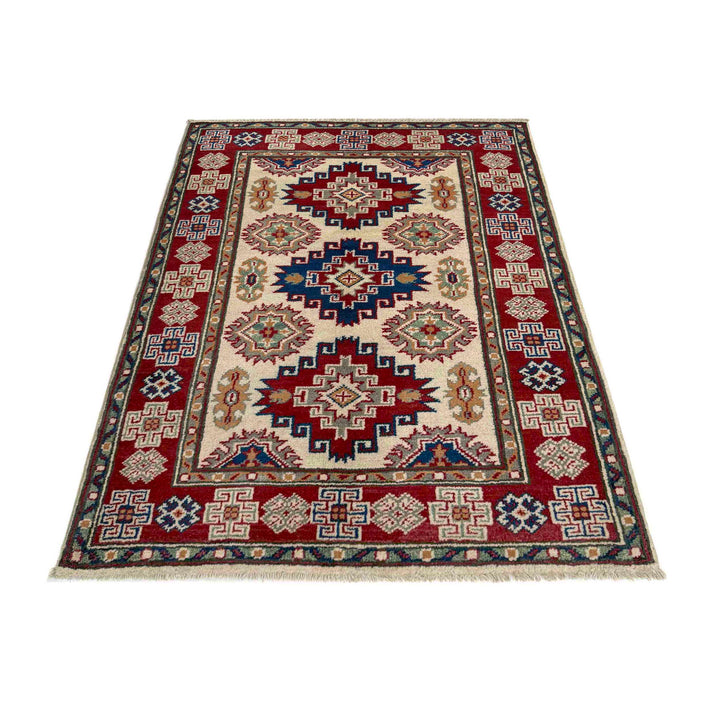Beige Afghan Kazak Rug 2' 7" x 3' 10" Hand-Knotted detail