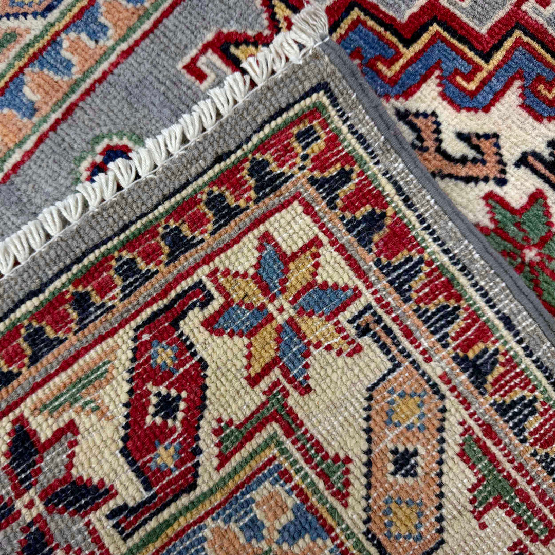 Gray Afghan Kazak Rug 2' 4" x 3' 10" Hand-Knotted | No. AL19650
