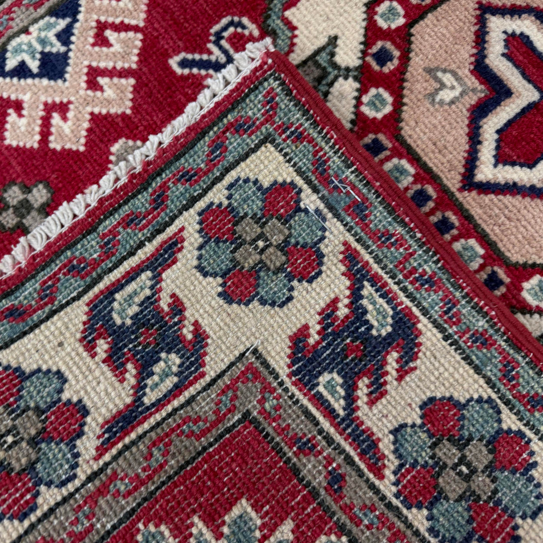 Red Afghan Kazak Rug 2' 7" x 4' 1" Hand-Knotted border