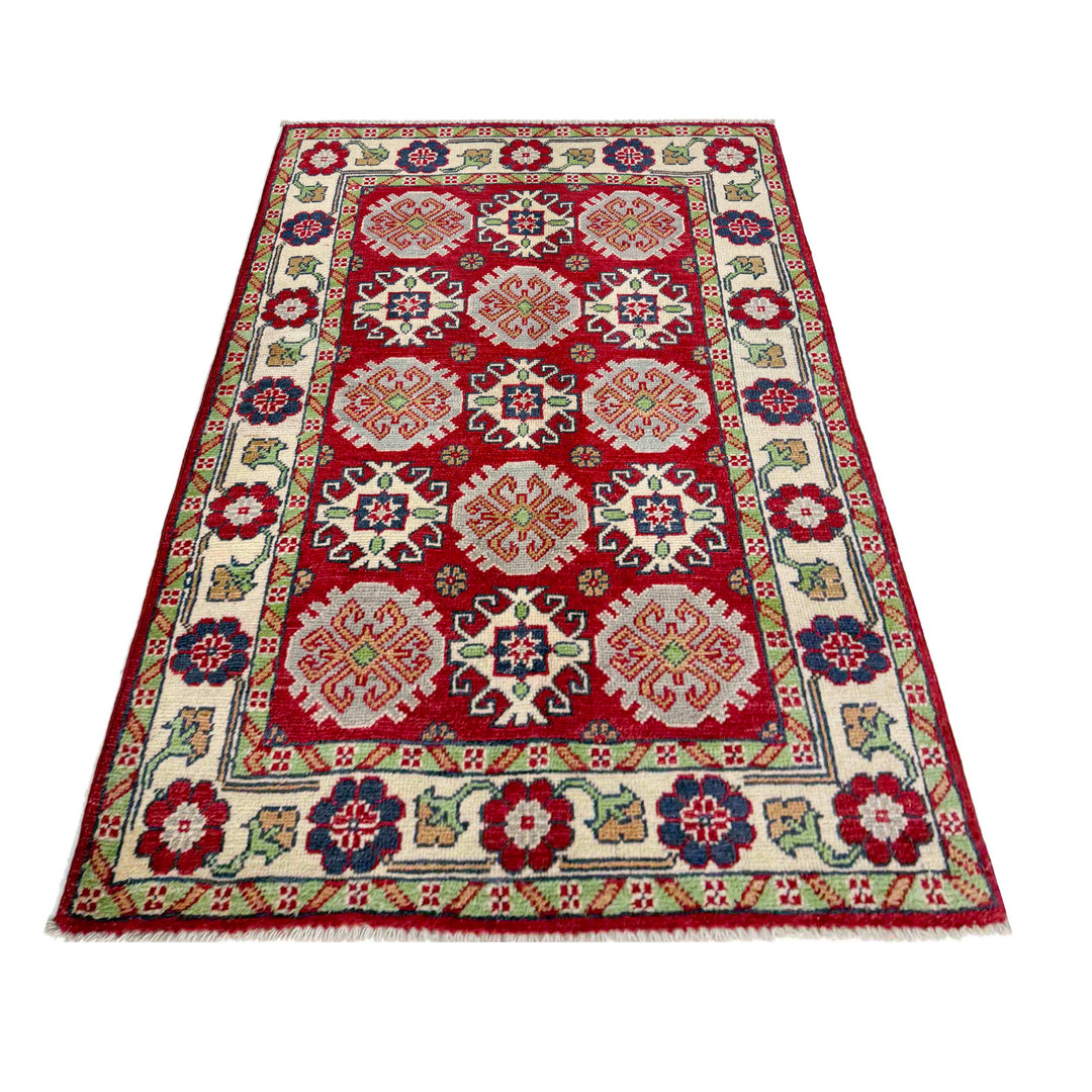 Red Afghan Kazak Rug 2' 7" x 4' 3" Hand-Knotted | No. AL21263