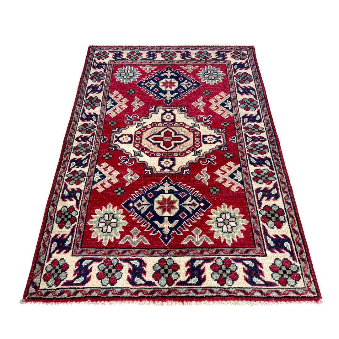 Red Afghan Kazak Rug 2' 7" x 3' 10" Hand-Knotted | No. AL60518