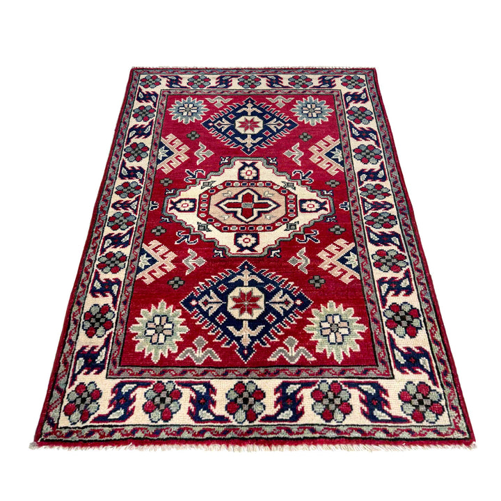 Red Afghan Kazak Rug 2' 7" x 3' 10" Hand-Knotted | No. AL60518
