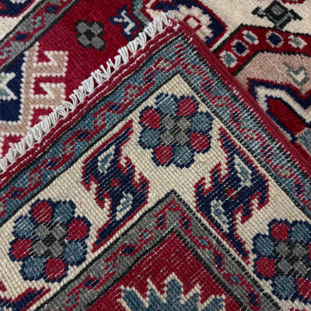 Red Afghan Kazak Rug 2' 7" x 3' 10" Hand-Knotted | No. AL60518