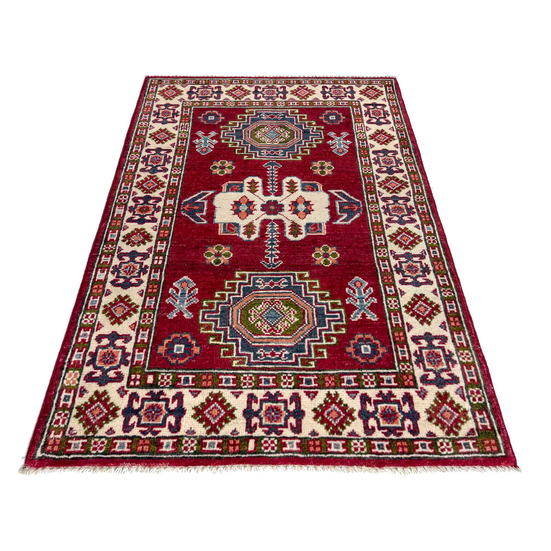 Red Afghan Kazak Rug 2' 8" x 4' 2" Hand-Knotted detail