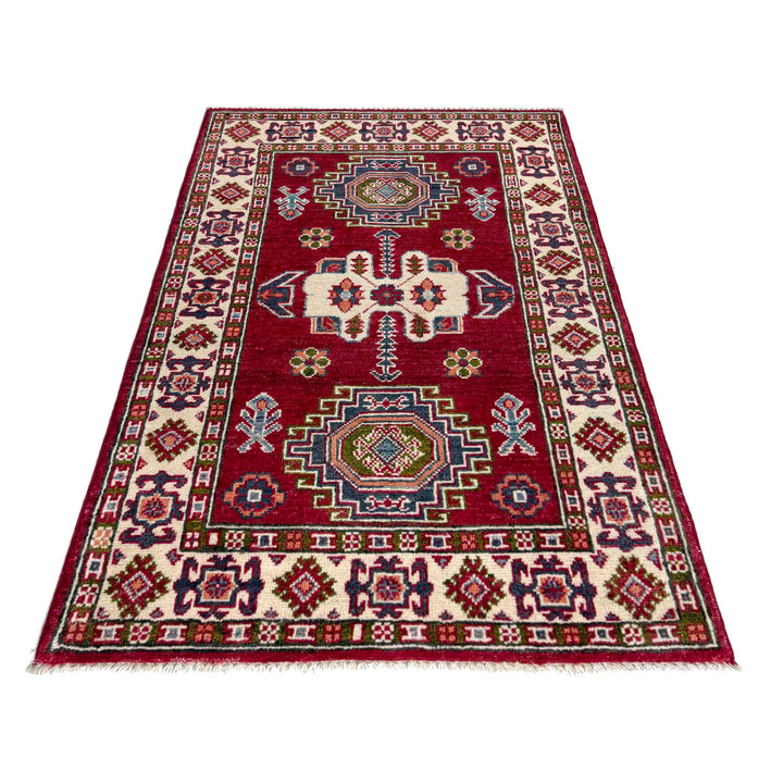 Red Afghan Kazak Rug 2' 8" x 4' 2" Hand-Knotted detail