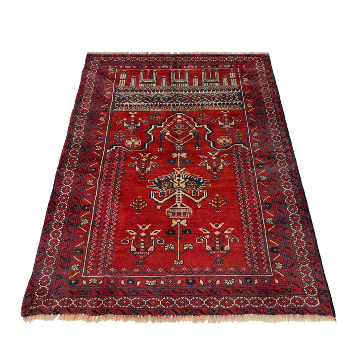 Red Afghan Prayer Rug 2' 10" x 4' 2" Hand-Knotted detail
