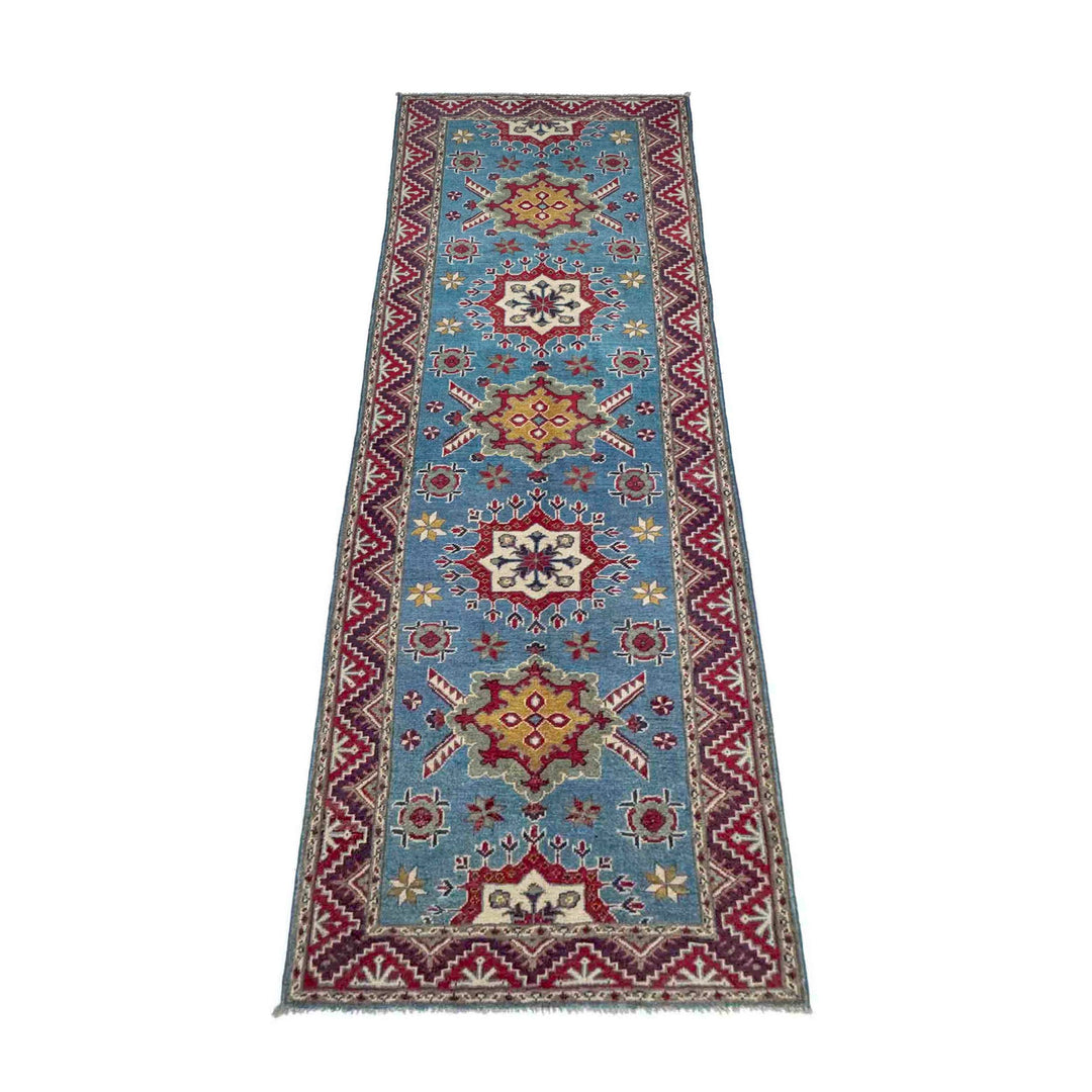 Blue Afghan Kazak Rug 3' 1" x 9' 6" Hand-Knotted | No. AL71438