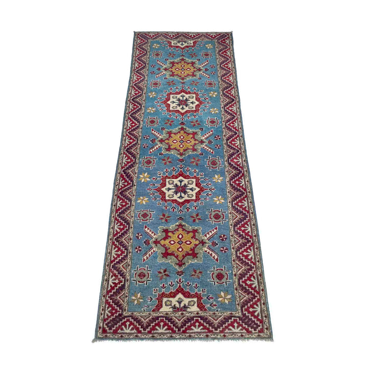 Blue Afghan Kazak Rug 3' 1" x 9' 6" Hand-Knotted | No. AL71438