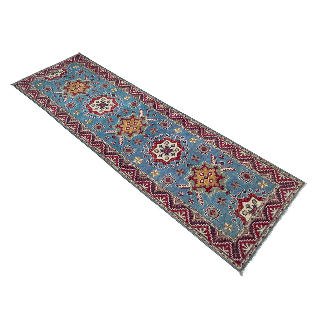Blue Afghan Kazak Rug 3' 1" x 9' 6" Hand-Knotted | No. AL71438