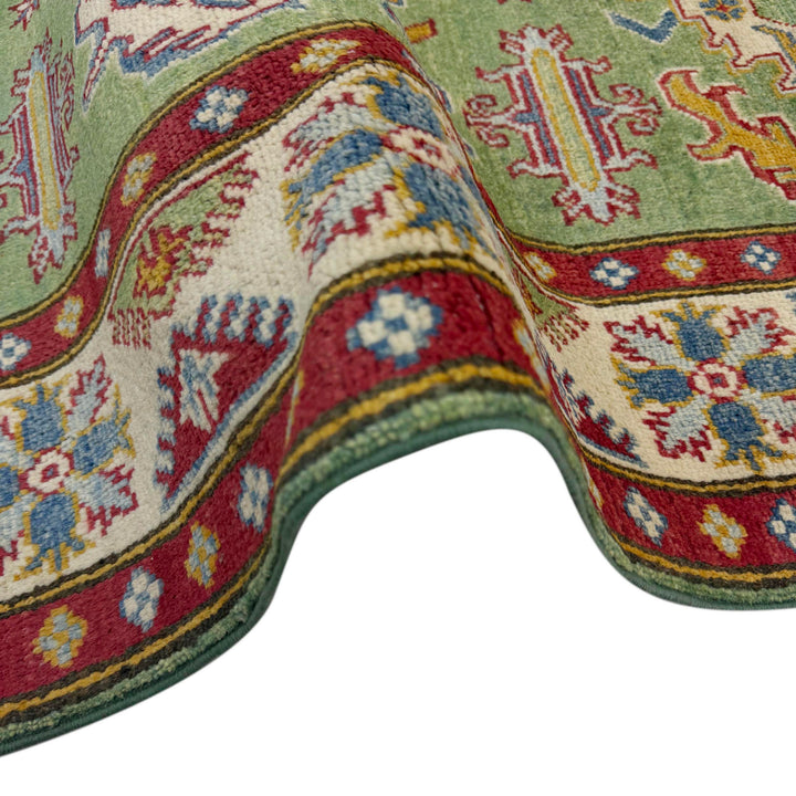 Green Afghan Kazak Rug 3' 10" x 5' 8" Hand-Knotted field