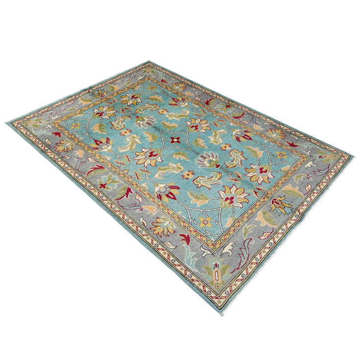 Blue Afghan Sultani Rug 4' 11" x 6' 4" Hand-Knotted close-up