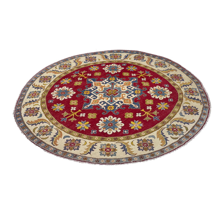 Red Afghan Kazak Rug 7' 10" x 7' 7" Hand-Knotted | No. AL52640