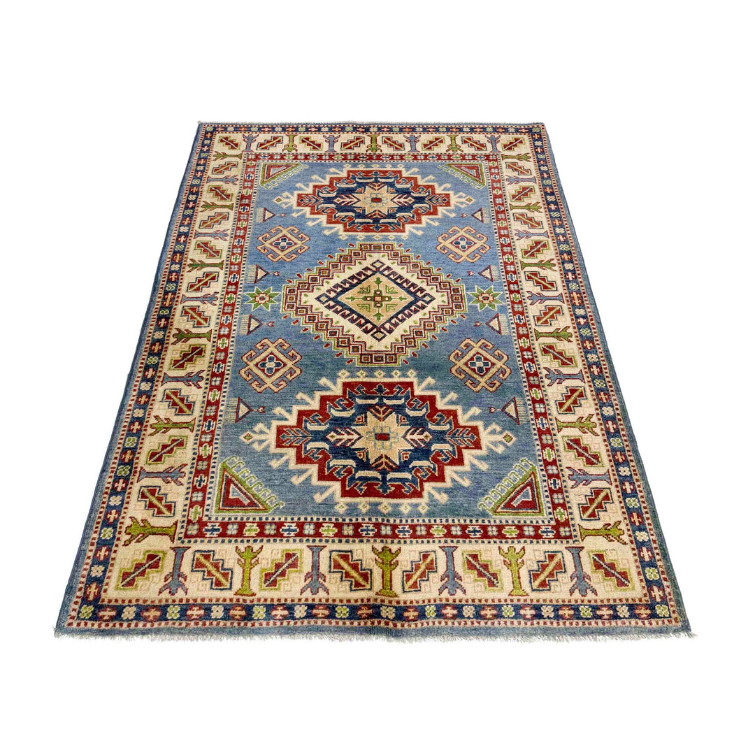 Blue Afghan Kazak Rug 4' 0" x 5' 11" Hand-Knotted detail