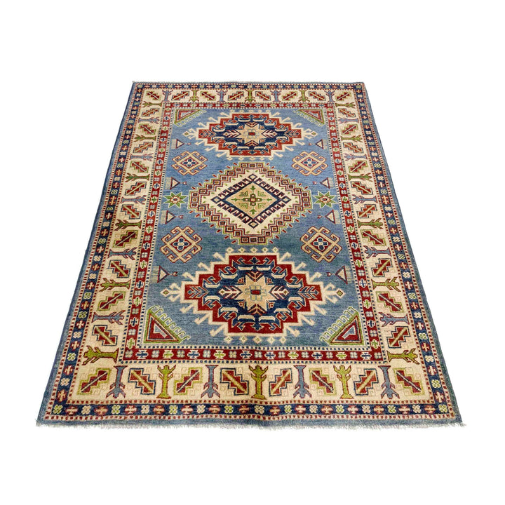 Blue Afghan Kazak Rug 4' 0" x 5' 11" Hand-Knotted detail