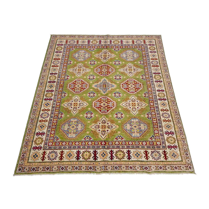Green Afghan Kazak Rug 5' 1" x 6' 10" Hand-Knotted detail