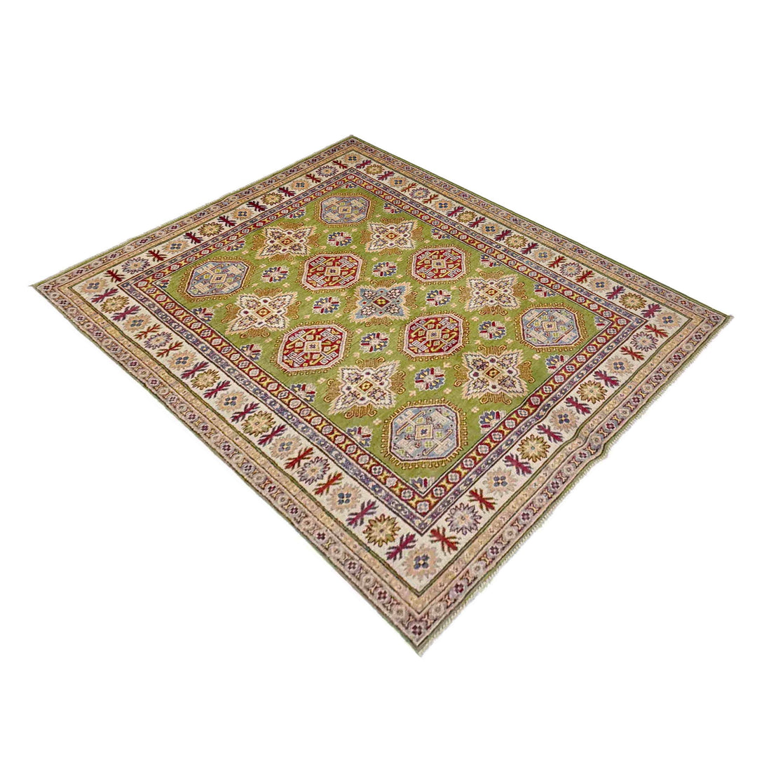 Green Afghan Kazak Rug 5' 1" x 6' 10" Hand-Knotted close-up