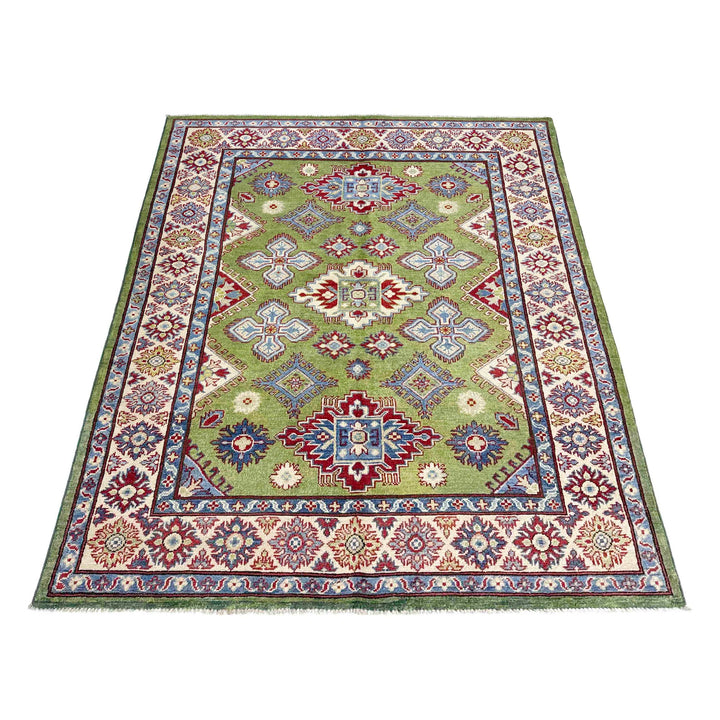 Green Afghan Kazak Rug 5' 0" x 6' 9" Hand-Knotted | No. AL12279