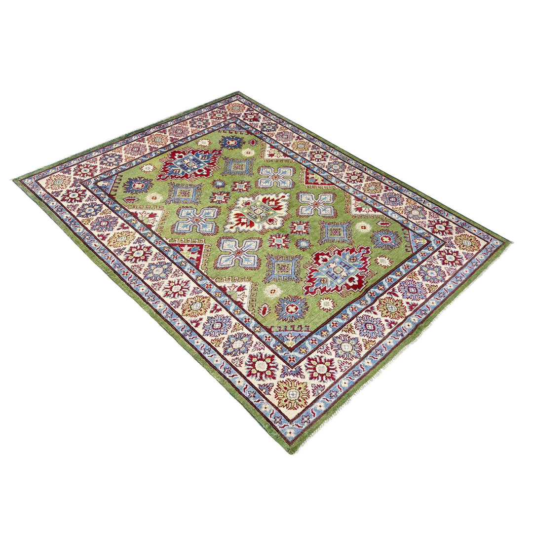 Green Afghan Kazak Rug 5' 0" x 6' 9" Hand-Knotted | No. AL12279