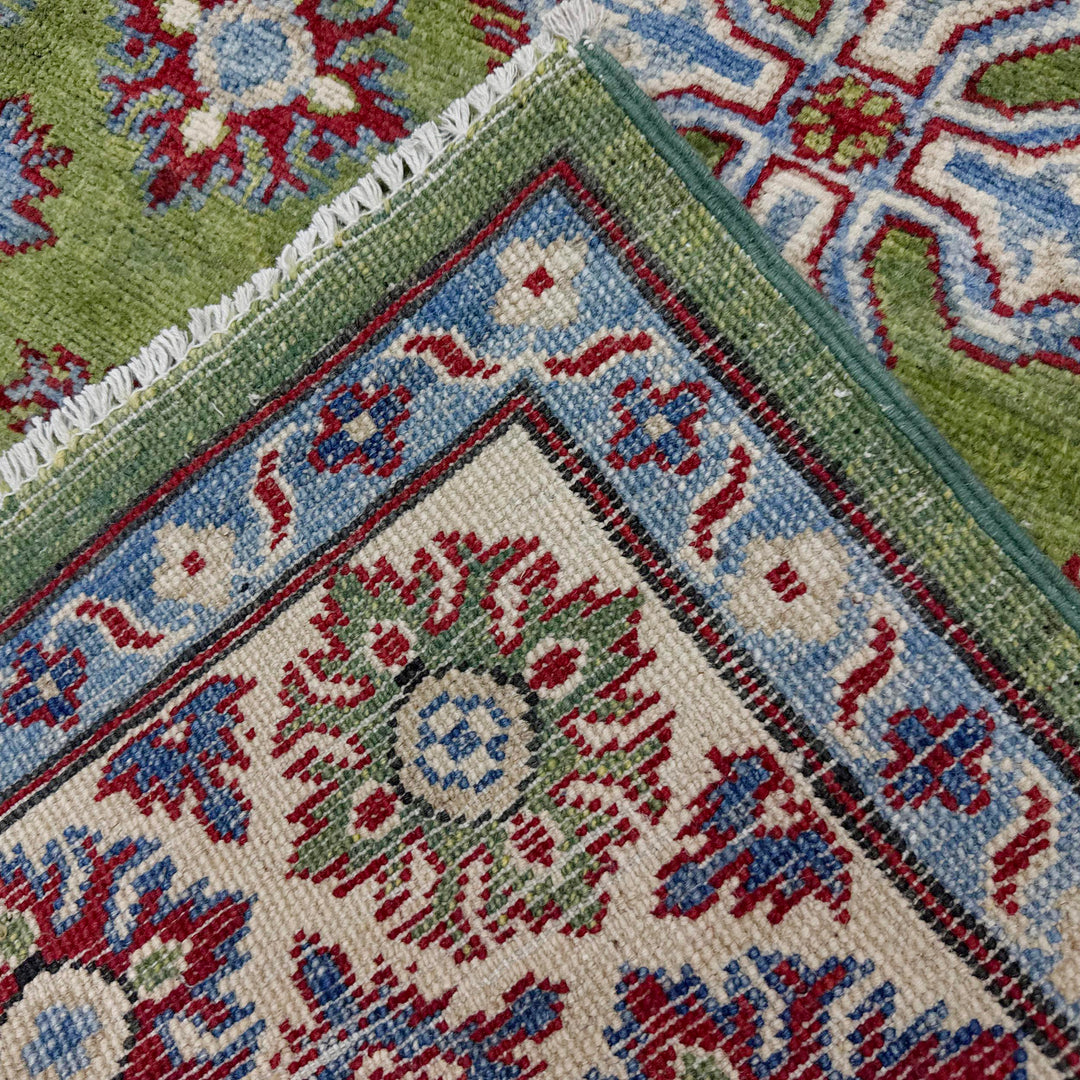 Green Afghan Kazak Rug 5' 0" x 6' 9" Hand-Knotted | No. AL12279