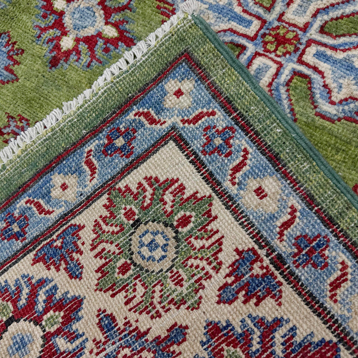 Green Afghan Kazak Rug 5' 0" x 6' 9" Hand-Knotted | No. AL12279