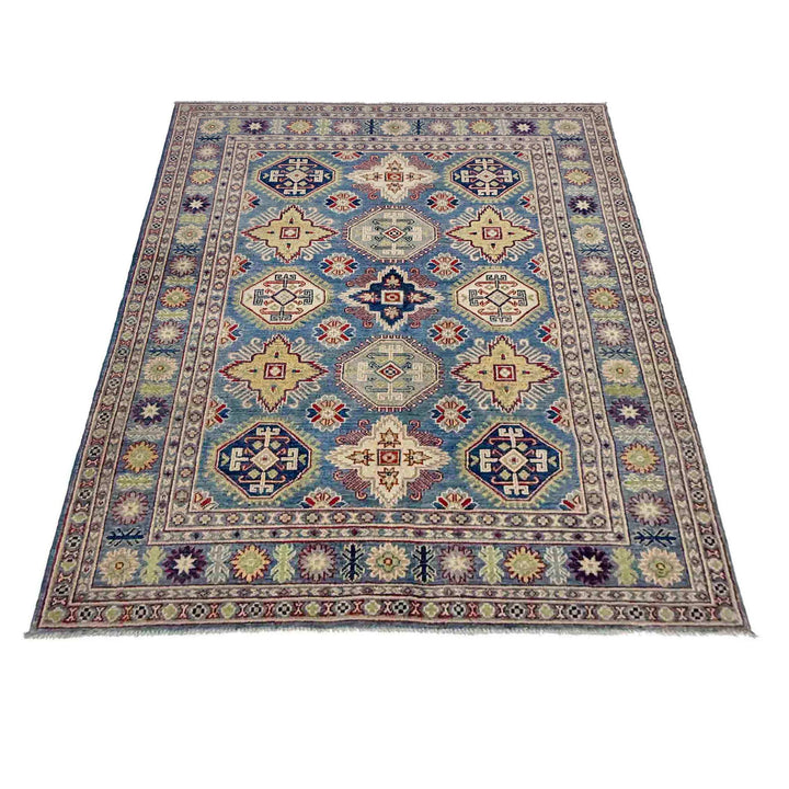 Blue Afghan Kazak Rug 4' 11" x 6' 7" Hand-Knotted detail