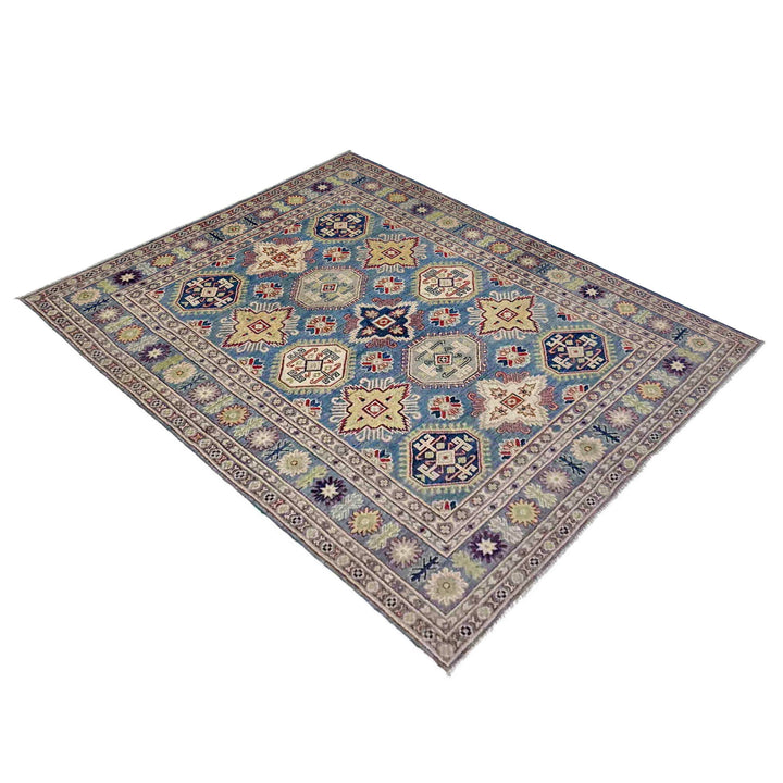 Blue Afghan Kazak Rug 4' 11" x 6' 7" Hand-Knotted close-up