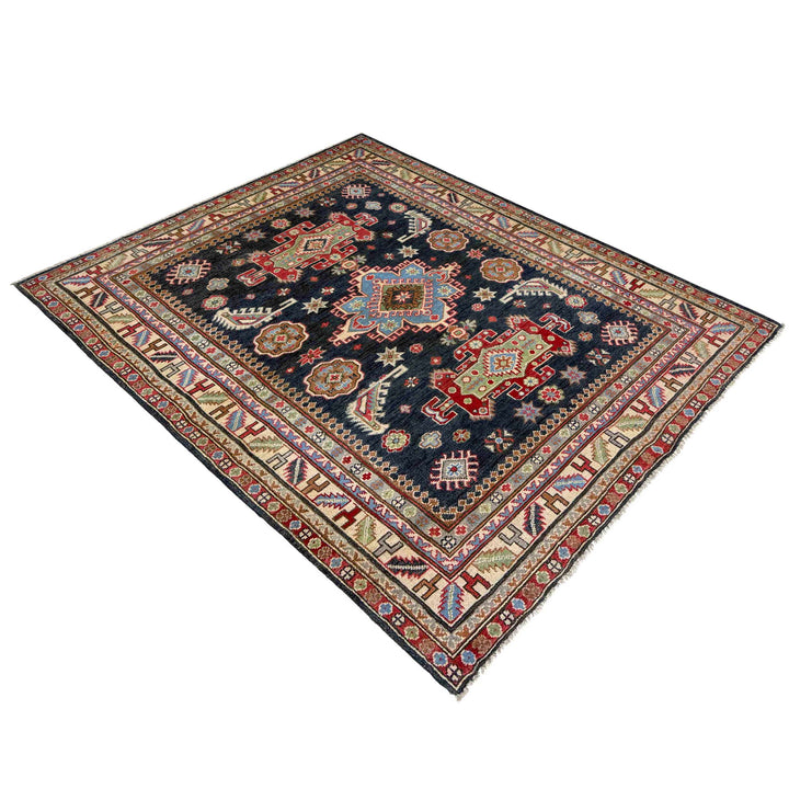 Afghan Kazak Rug 4' 8" x 6' 8" Hand-Knotted close-up