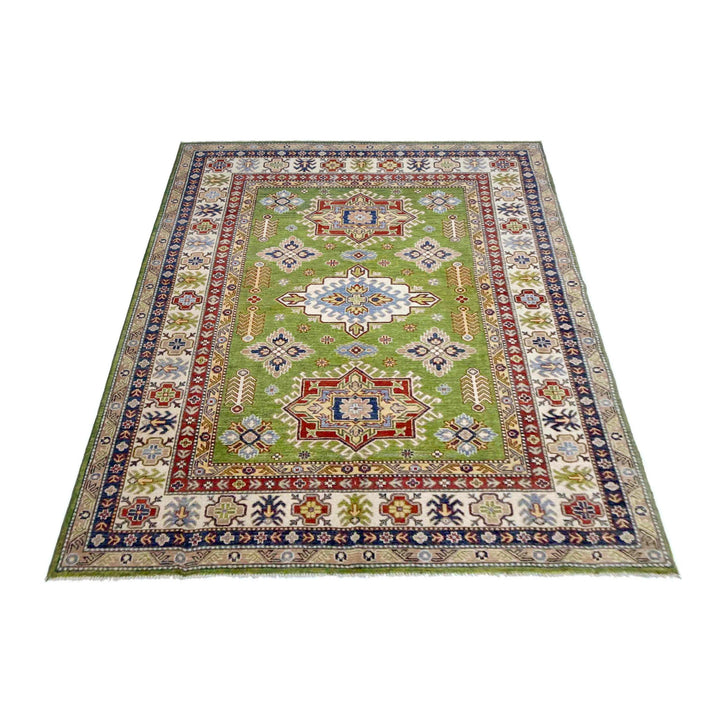 Green Afghan Kazak Rug 5' 9" x 7' 9" Hand-Knotted | No. AL56323