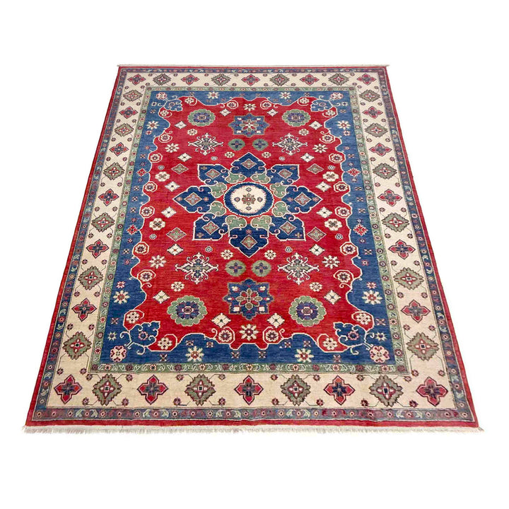 Red Afghan Kazak Rug 6'7" x 10'0" Hand-Knotted | No. AL47579
