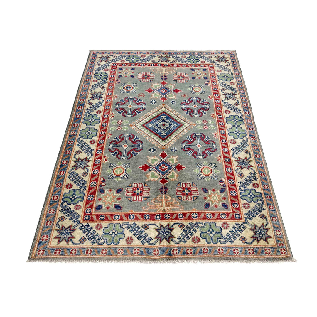 Gray Afghan Kazak Rug 4' 0" x 5' 9" Hand-Knotted | No. AL10128