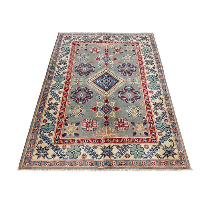 Gray Afghan Kazak Rug 4' 0" x 5' 9" Hand-Knotted | No. AL10128