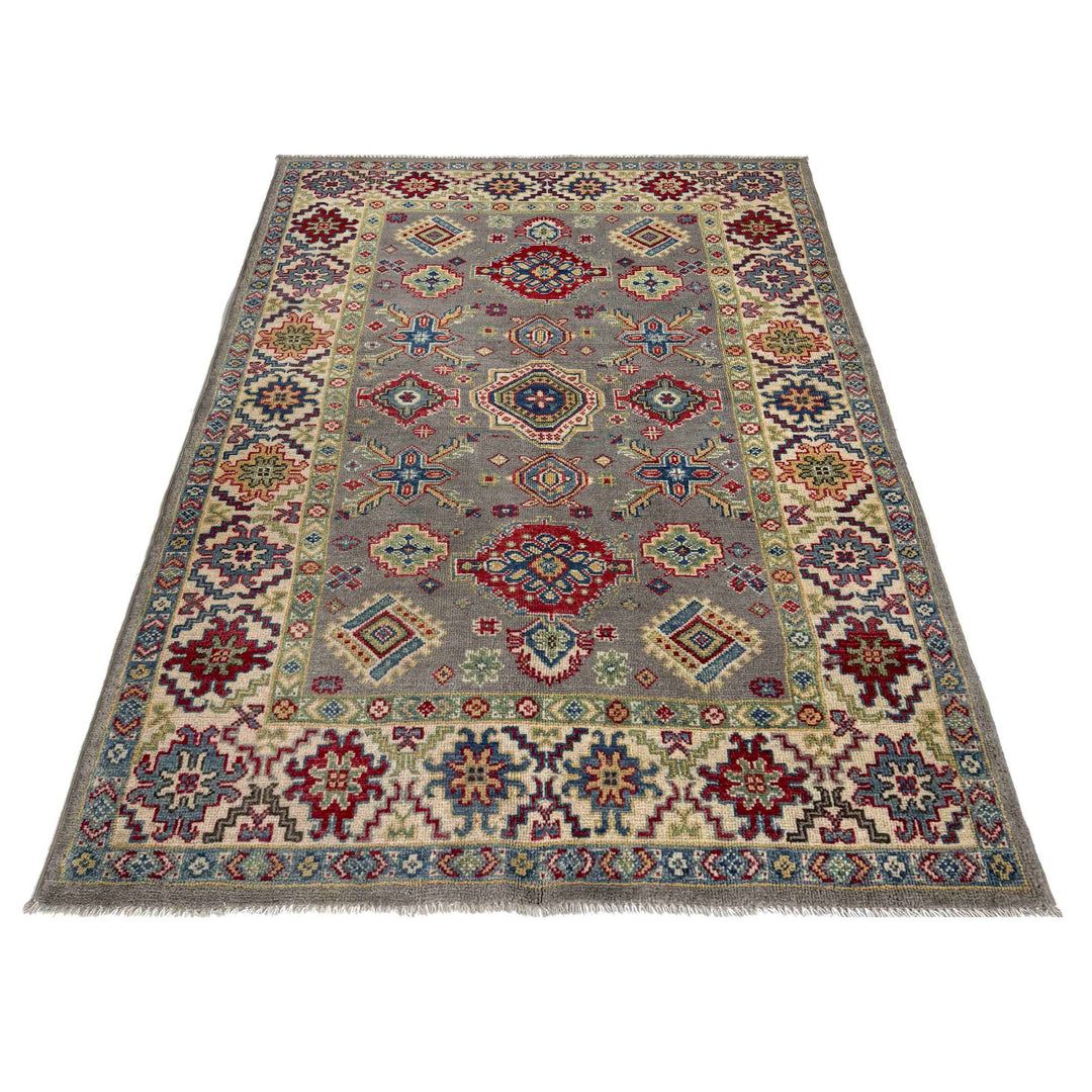 Gray Afghan Kazak Rug 3' 11" x 5' 10" Hand-Knotted detail