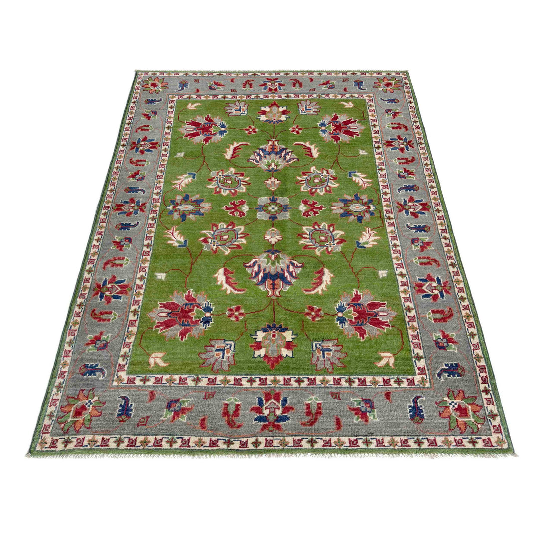 Green Afghan Kazak Rug 4' 0" x 6' 3" Hand-Knotted detail