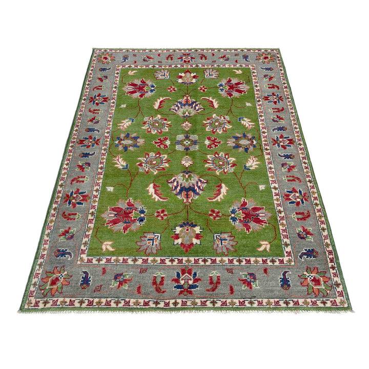 Green Afghan Kazak Rug 4' 0" x 6' 3" Hand-Knotted detail