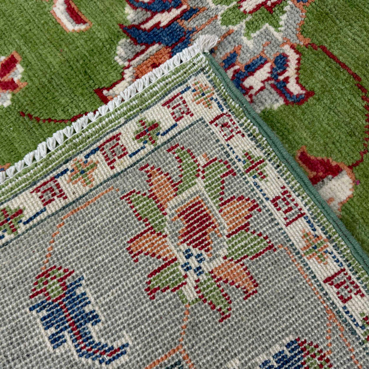 Green Afghan Kazak Rug 4' 0" x 6' 3" Hand-Knotted border