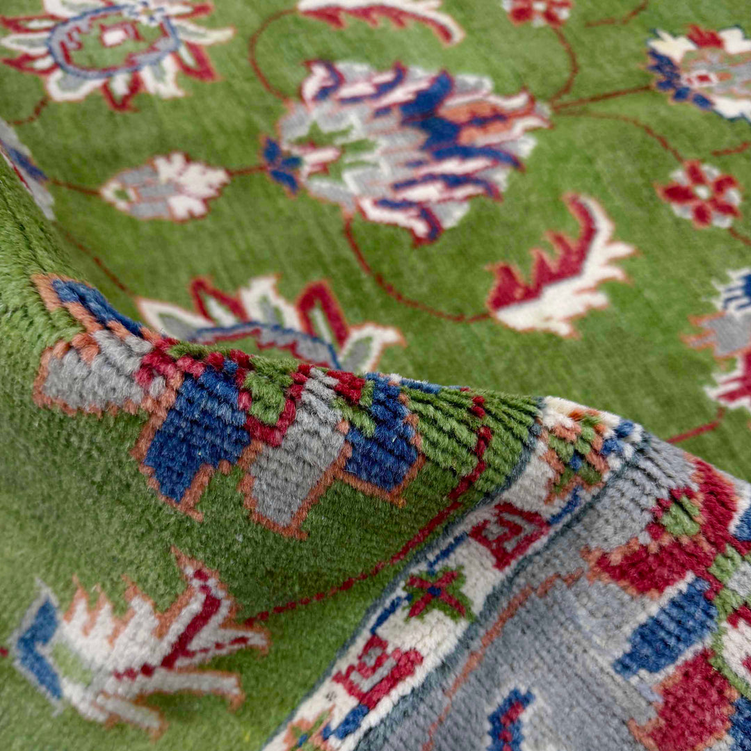 Green Afghan Kazak Rug 4' 0" x 6' 3" Hand-Knotted | No. AL57154