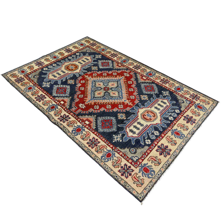Afghan Kazak Rug 3' 11" x 6' 6" Hand-Knotted close-up