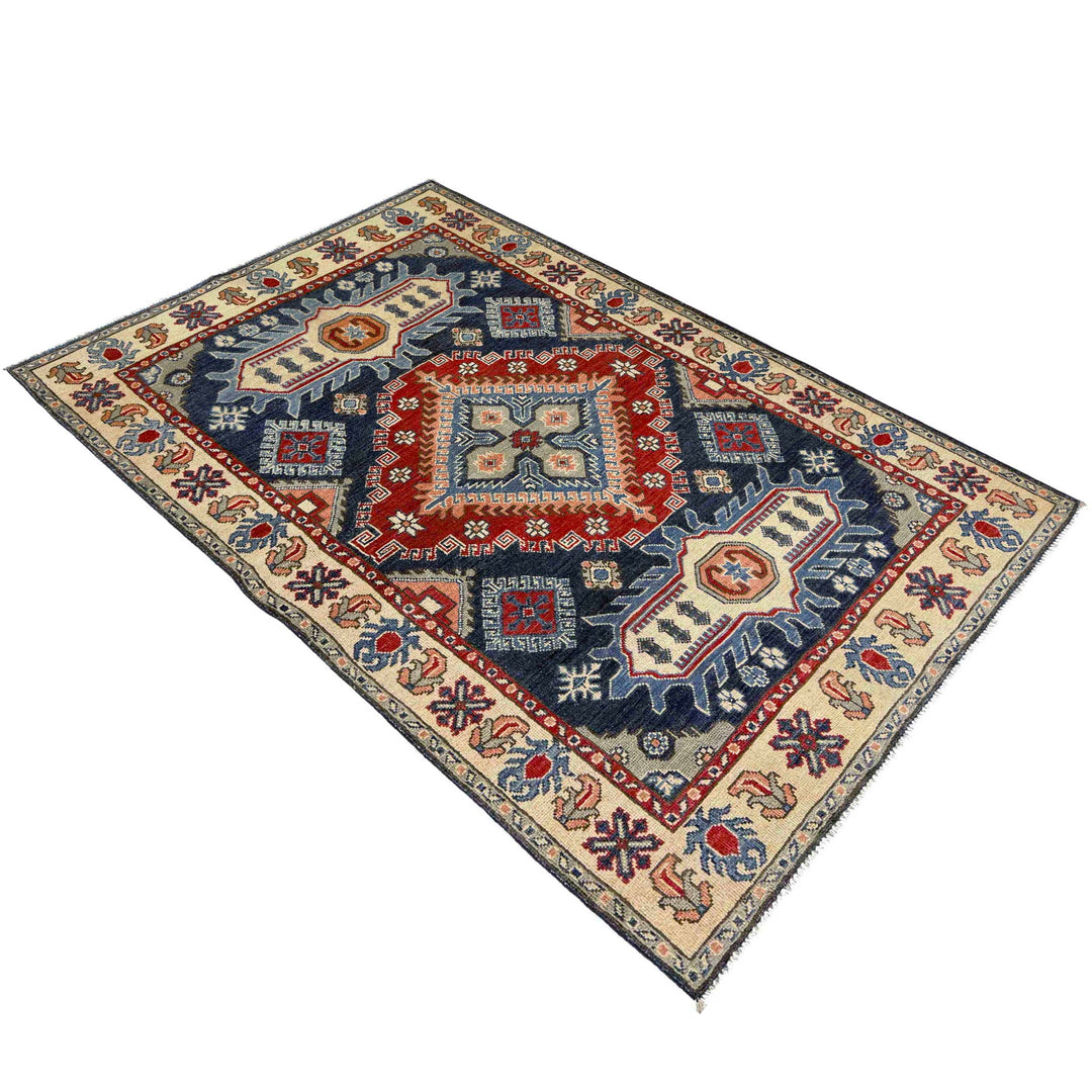 Afghan Kazak Rug 3' 11" x 6' 6" Hand-Knotted close-up