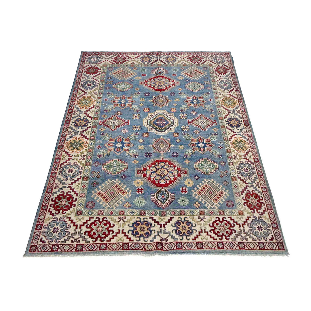 Blue Afghan Kazak Rug 5' 5" x 7' 10" Hand-Knotted detail