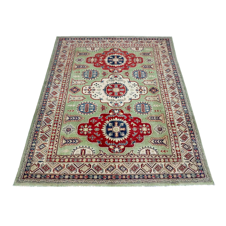 Green Afghan Kazak Rug 5' 8" x 8' 1" Hand-Knotted | No. AL93326