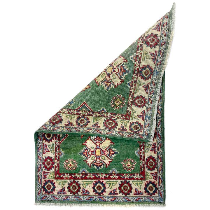 Green Afghan Kazak Rug 2' 0" x 2' 11" Hand-Knotted detail