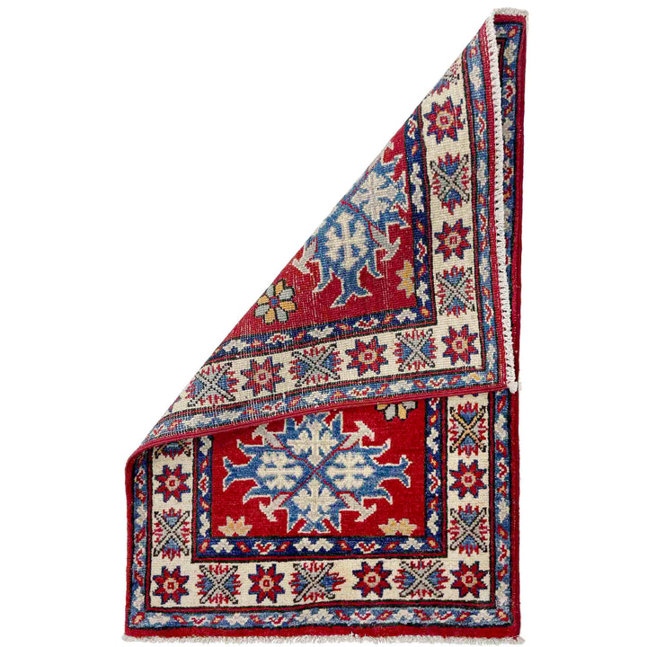 Red Afghan Kazak Rug 1' 11" x 2' 11" Hand-Knotted detail