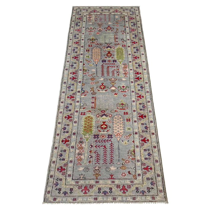 Gray Afghan Kazak Runner Rug 2' 9" x 9' 9" Hand-Knotted detail