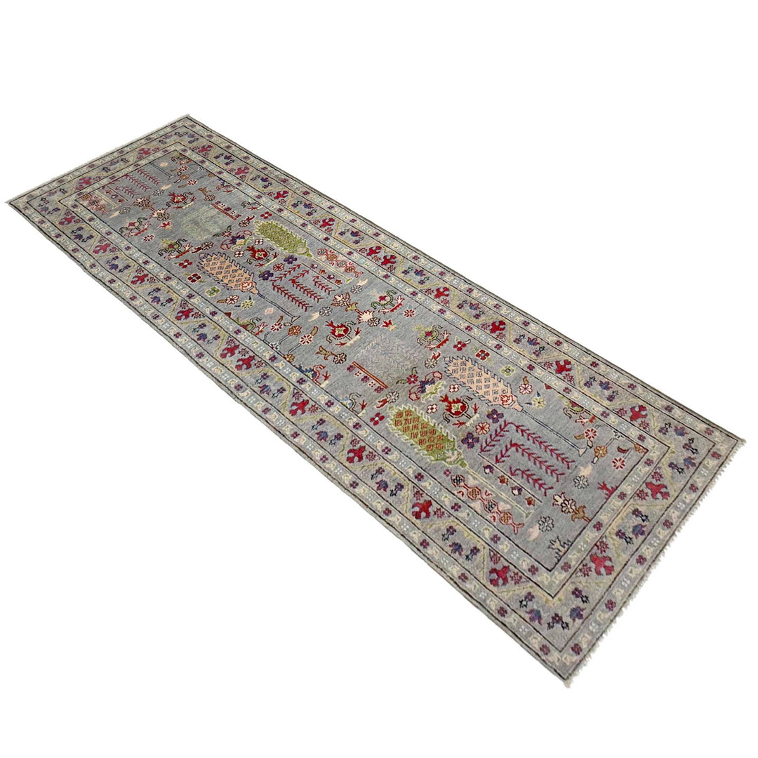 Gray Afghan Kazak Rug 2' 9" x 9' 9" Hand-Knotted close-up