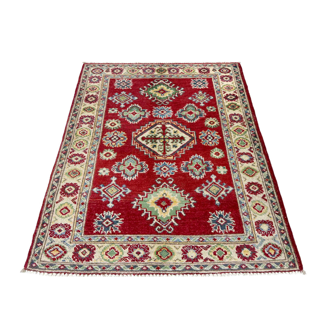 Red Afghan Kazak Rug 2' 7" x 3' 9" Hand-Knotted detail