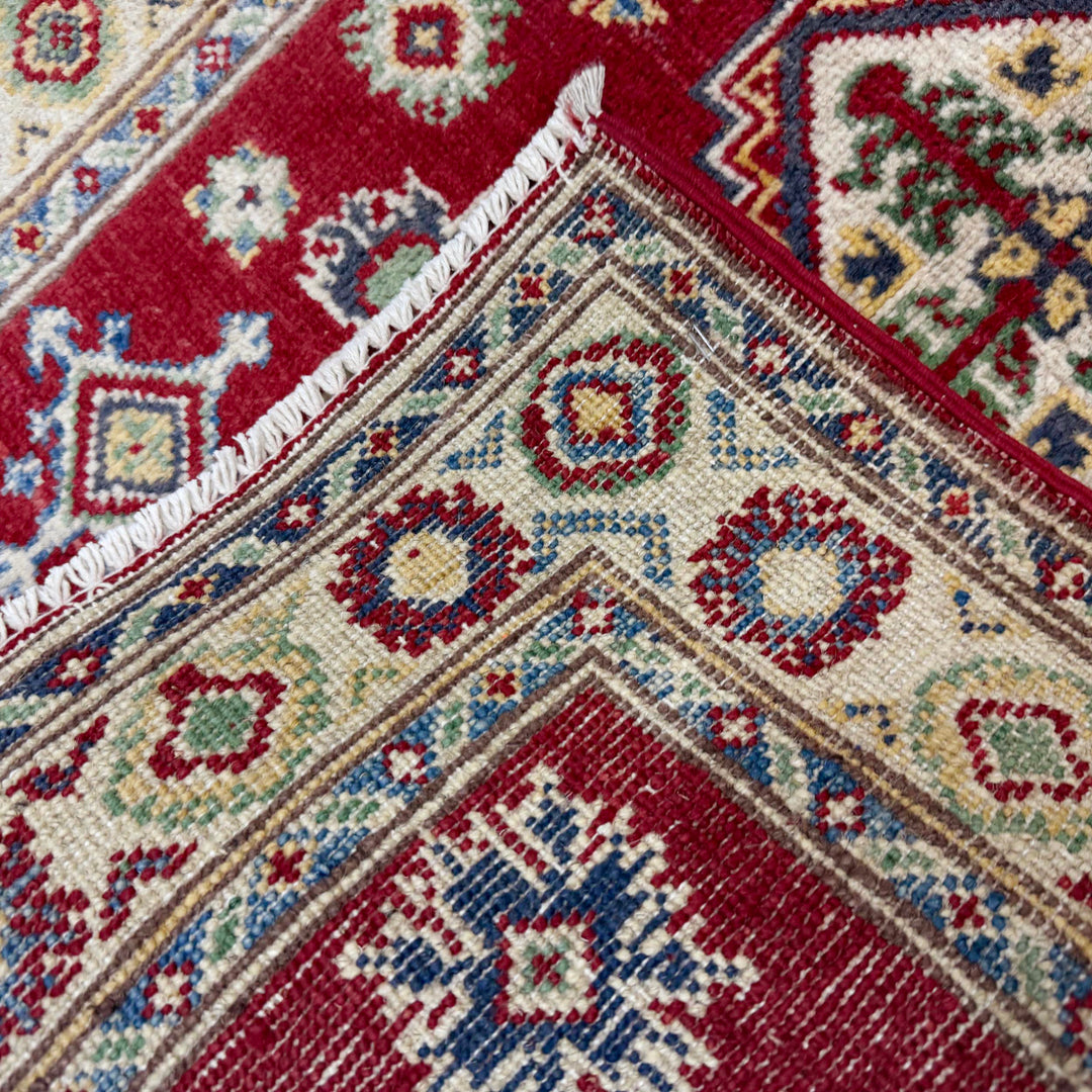 Red Afghan Kazak Rug 2' 7" x 3' 9" Hand-Knotted border
