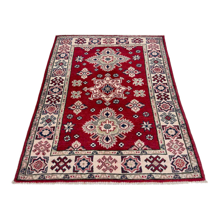 Red Afghan Kazak Rug 2' 7" x 4' 0" Hand-Knotted detail